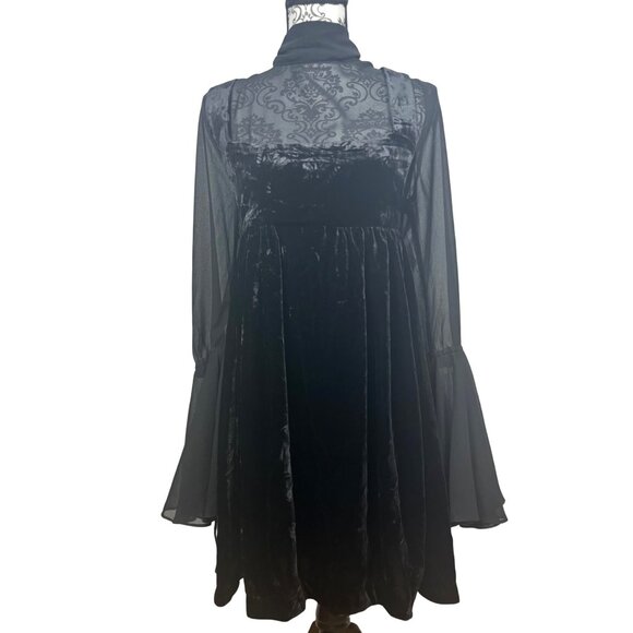 Free People Dresses & Skirts - Free People L Black Velvet & Chiffon Dress Bell Sleeves Witchy Whimsigoth
